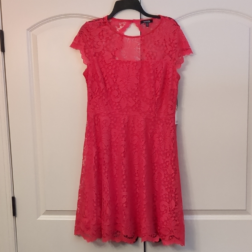 Kensie Womens Neon Pink Lace Fit & Flare Dress